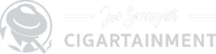 Logo with cigar-smoking figure and text.